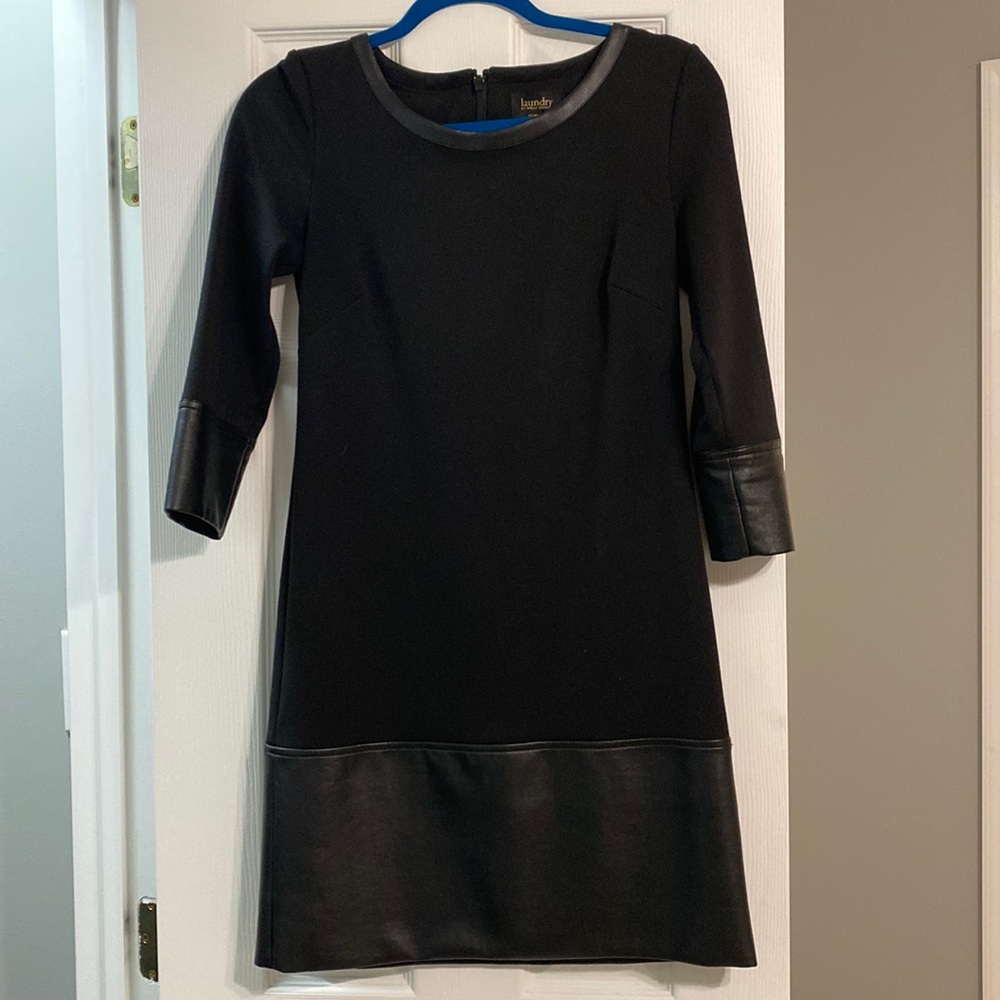 Black shift dress with faux leather details